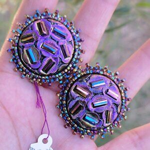 Native American handmade iridescent purple and gold beaded buttons